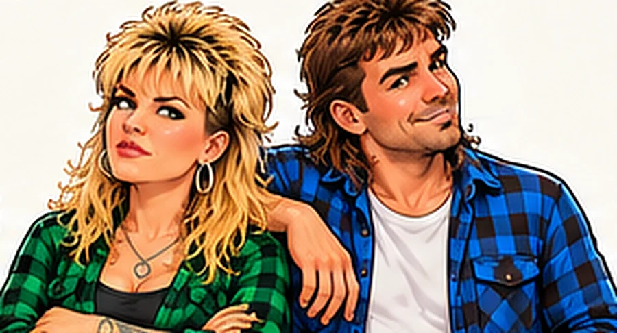 Shazza with her arms crossed and Dazza leaning on her shoulder, both in flannies, both looking very pleased with themselves